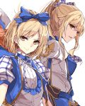  2girls aosaki_yukina blonde_hair blue_bow bow commentary_request gita_(granblue_fantasy) granblue_fantasy hair_bow multiple_girls open_mouth puffy_sleeves ribbon short_hair short_sleeves smile superstar_(granblue_fantasy) vila white_background yellow_eyes 