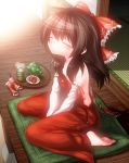  1girl alternate_costume bare_shoulders brown_hair closed_eyes colored_eyelashes commentary_request cushion detached_sleeves hair_ribbon hair_tubes hakurei_reimu highres naked_overalls overalls pouty_lips red_clothes ribbon saodake sitting solo strap_slip tatami touhou v_arms wariza wooden_floor 