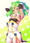  1girl armpits arms_behind_head blush clenched_teeth gigokku gloves green_eyes green_hair grin hacka_doll hacka_doll_4 highres short_hair small_breasts smile solo white_gloves 