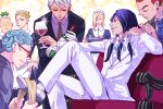  6+boys 9lara annoyed blonde_hair blue_hair butler chair cigarette closed_eyes crossdressinging cup curly_hair drinking_glass formaggio ghiaccio glasses gloves green_hair hand_on_hip illuso jojo_no_kimyou_na_bouken long_hair maid maid_headdress male_focus melone multiple_boys multiple_tails pesci prosciutto purple_hair redhead risotto_nero shiny silver_hair sitting tail tray tuxedo white_gloves wine_bottle wine_glass 
