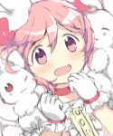  1girl :3 bangs choker fluffy frilled_gloves frilled_sleeves frills gloves hair_ribbon highres hitode kaname_madoka kyubey magical_girl mahou_shoujo_madoka_magica one_eye_closed open_mouth pink_eyes pink_hair pink_ribbon puffy_short_sleeves puffy_sleeves ribbon short_hair short_sleeves short_twintails swept_bangs twintails upper_body wavy_mouth white_gloves 