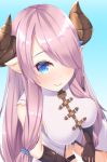  1girl black_gloves blue_eyes blush breasts gloves granblue_fantasy hair_over_one_eye horns large_breasts lavender_hair long_hair looking_at_viewer narumeia_(granblue_fantasy) pointy_ears smile solo takumi1006 