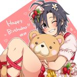  1girl antenna_hair black_hair flower food fruit hair_flower hair_ornament hair_ribbon idolmaster kikuchi_makoto one_eye_closed restaint ribbon short_hair solo strawberry stuffed_animal stuffed_toy teddy_bear violet_eyes 