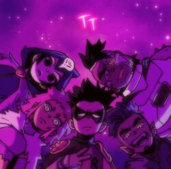  antoniokrebs beast_boy_(dc) black_hair cape cyborg cyborg_(dc) dark_skin dc_comics dick_grayson highres hood hooded_cape lips mask official_alternate_costume pale_skin pointy_ears raven_(dc) robin_(dc) skull starfire teen_titans teen_titans_go! very_dark_skin 