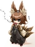  1girl animal animal_ears animal_on_head bangs bird bird_on_head biting blush borrowed_character brown_hair crab full_body gradient gradient_background grey_eyes hair_between_eyes hakama holding japanese_clothes karukan_(monjya) mouth_hold multiple_tails original short_hair solo sparrow standing tail text wide_sleeves 
