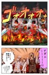  1girl comic facial_hair fire multiple_boys mustache necktie original pageratta translated vest 