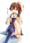  1girl blush breasts brown_eyes brown_hair japanese_clothes kaga_(kantai_collection) kantai_collection long_hair looking_at_viewer muneate open_mouth panties short_hair side_ponytail single_thighhigh skirt sogabe_toshinori solo thigh-highs translation_request underwear 