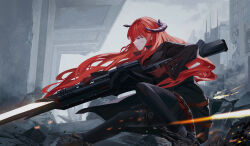  1girl absurdres amamizu_shizuku arknights bagpipe_(arknights) battle black_coat black_pantyhose coat commentary day elbow_gloves frown gloves grey_eyes gun highres holding holding_gun holding_weapon horns long_hair long_sleeves looking_ahead outdoors overcast pantyhose profile projectile_trail purple_horns red_gloves red_hair rubble sky smoke solo squatting very_long_hair weapon wind 