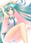  1girl aqua_eyes aqua_hair arm_up bare_arms bare_legs grin hamizu hatsune_miku highres holding long_hair looking_at_viewer necktie panties pencil skirt sleeveless smile solo thighs twintails underwear very_long_hair vocaloid 