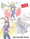  3girls ball cellphone clothes_writing highres iesupa microphone multiple_girls musical_note phone roulette rwby seiyuu_connection singing smartphone velvet_scarlatina weiss_schnee yang_xiao_long 