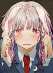 1girl animal_ears blush crying crying_with_eyes_open ear_pull ears_down geppewi jacket lavender_hair long_hair long_sleeves looking_at_viewer necktie open_mouth rabbit_ears red_eyes reisen_udongein_inaba shirt solo tears touhou upper_body vest 