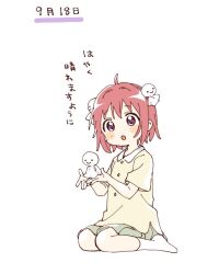  1girl :o ahoge akaza_akari blush_stickers collared_shirt commentary_request contrast_collar double_bun full_body green_shorts hair_bun hair_ornament highres holding looking_at_viewer namori open_mouth red_hair shirt short_hair short_sleeves shorts simple_background sitting socks solo teruterubouzu translation_request violet_eyes wariza white_background white_socks yellow_shirt yuru_yuri 