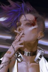  1boy bandaid bandaid_on_face bandaid_on_nose black_choker blood blood_on_face blood_splatter chain chinese_commentary choker cigarette dragon_boy_(to_be_hero_x) ear_piercing earphones earrings highres holding holding_cigarette jewelry mohawk open_clothes piercing portrait purple_hair ring shirt smoking spiky_hair stud_earrings to_be_hero_x tubian_yingxiong_x violet_eyes white_shirt 