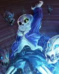  arm_up dark_background freeze-ex fur_trim glowing glowing_eye grin hand_in_pocket hoodie outstretched_arm sans shirt shorts skeleton skull smile spoilers undertale white_shirt 