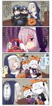  4koma amulet black_hair blue_eyes chibi closed_eyes comic commentary destroyer_hime eating food gloves habit hair_ornament hairclip halloween halloween_costume hamakaze_(kantai_collection) hat highres isokaze_(kantai_collection) jiangshi kantai_collection long_hair long_sleeves nun open_mouth puchimasu! pumpkin pumpkin_costume pumpkin_hat red_eyes seaport_hime shaded_face short_hair side_ponytail silver_hair smile surprised sweat translated wavy_mouth white_hair witch_hat yuureidoushi_(yuurei6214) 