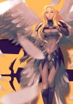  1girl angel_wings armor artist_request black_boots blonde_hair blurry bodysuit boots breasts buckle claymore claymore_(sword) covered_navel dated depth_of_field faulds feathers gloves grey_eyes highres knee_boots light_smile long_hair multiple_wings orange_background outstretched_arm pauldrons shadow silhouette smile solo standing sword teresa turtleneck wavy_hair weapon wings 