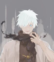  1boy black_scarf blue_eyes brown_shirt coat dust dust_cloud eeeng_l gojou_satoru grey_background hair_between_eyes hair_over_one_eye holding_scarf japanese_clothes jujutsu_kaisen kimono looking_at_viewer male_focus mature_male messy_hair parted_lips scarf shirt short_hair short_sleeves smile solo torn_clothes torn_scarf white_coat white_hair white_kimono wide_sleeves 