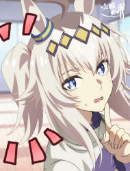  1girl absurdres ahoge alternate_hairstyle artist_name blue_eyes blue_jacket blurry blurry_background commentary depth_of_field ear_ornament from_side grey_hair hair_ornament hair_tie highres horse_girl index_finger_raised jacket kasamatsu_tracen_training_uniform long_hair long_sleeves looking_at_viewer medium_hair notice_lines oguri_cap_(umamusume) open_mouth side_ponytail signature solo suzukatore sweatdrop track_jacket umamusume umamusume:_cinderella_gray 