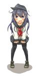  1girl akatsuki_(kantai_collection) anchor_symbol anger_vein commentary_request flat_cap hat itokayu kantai_collection leaning_forward long_hair looking_at_viewer neckerchief open_mouth pantyhose purple_hair school_uniform serafuku skirt solo violet_eyes white_background 