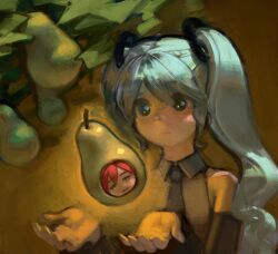  2girls detached_sleeves floating food fruit hatsune_miku highres kasane_teto long_hair multiple_girls necktie pear pearto rainbowdeww twintails utau vocaloid 