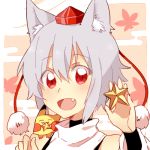  1girl :d animal_ears detached_sleeves fang hat inubashiri_momiji looking_at_viewer lowres open_mouth pikachu pokemon pokemon_(creature) pom_pom_(clothes) red_eyes short_hair silver_hair six_(fnrptal1010) smile solo star tokin_hat touhou turtleneck undershirt wolf_ears 