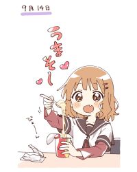  +_+ 1girl :d blush_stickers brown_eyes brown_hair brown_sailor_collar commentary_request drooling fang hair_ornament hairclip highres holding holding_spoon layered_sleeves long_sleeves namori nanamori_school_uniform oomuro_sakurako open_mouth ramen sailor_collar school_uniform shirt short_hair short_over_long_sleeves short_sleeves simple_background smile solo spoon translation_request upper_body white_background white_shirt yuru_yuri 