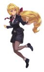  1girl big_hair blonde_hair formal guchico gundam_tekketsu_no_orphans half_updo kudelia_aina_bernstein long_hair long_sleeves low-tied_long_hair necktie pantyhose ponytail shorts solo very_long_hair violet_eyes 