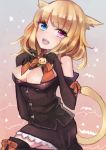  1girl animal_ears blonde_hair blue_eyes bowtie breasts cat_ears cat_tail cleavage cowboy_shot final_fantasy final_fantasy_xiv gloves halloween hetero highres jack-o&#039;-lantern miqo&#039;te skirt skirt_set solo tail thigh-highs violet_eyes yok01 