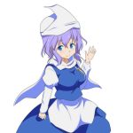  1girl apron blue_eyes blue_hair blush breasts cato_(monocatienus) dress juliet_sleeves lapel_pin large_breasts layered_dress letty_whiterock long_sleeves looking_at_viewer puffy_sleeves scarf short_hair smile solo touhou triangular_headpiece turtleneck waving 