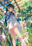  1girl absurdres artist_name bare_legs blush bottle bow brown_hair bubble bubble_blowing bush calendar dress flower garden hair_ornament highres kantoku long_hair nagisa_(kantoku) original outdoors scan sky solo sundress tree tree_shade two_side_up yellow_eyes 