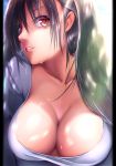  1girl big.g black_hair breasts brown_eyes cleavage close-up collarbone large_breasts long_hair looking_at_viewer original parted_lips shirt solo t-shirt wet 