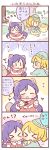  &gt;_&lt; 0_0 2girls 4koma animal_ears ayase_eli backpack_removed blonde_hair blush_stickers capelet closed_eyes comic fur_trim hat hat_ribbon hug love_live!_school_idol_project multiple_girls ponytail purple_hair raccoon_ears raccoon_tail ribbon tail toujou_nozomi translated twintails ususa70 |_| 