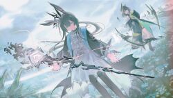  2girls absurdres amiya_(arknights) animal_ears arknights bare_shoulders black_boots black_hair black_jacket black_pantyhose blue_eyes boots brown_hair closed_mouth dress green_dress hair_between_eyes highres jacket jewelry long_hair looking_at_object looking_to_the_side mon3tr_(arknights) monster_girl multicolored_hair multiple_girls multiple_rings pantyhose rabbit_ears rabbit_girl ring sidelocks staff tail thigh_strap two-tone_hair white_dress yuishironeko 