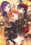  3girls :o ;d autumn_leaves bag black_skirt blue_hair blurry boots brown_shorts cozyquilt depth_of_field falling_leaves from_above fur-trimmed_legwear fur_trim green_eyes hand_on_own_chest hand_to_own_mouth handbag hoshizora_rin jacket lamp leaf looking_at_viewer love_live!_school_idol_project maple_leaf miniskirt multiple_girls one_eye_closed one_leg_raised open_mouth orange_hair paw_pose purple_hair shorts skirt smile sonoda_umi sweater toujou_nozomi yellow_eyes 