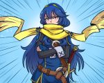  1girl akairiot blue_eyes blue_hair blush crossed_arms fingerless_gloves fire_emblem fire_emblem:_kakusei gloves lucina scarf solo sword tiara weapon 