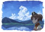  1girl alternate_hairstyle chen dated extra_ears highres kabu_(yuyuibob) lake no_hat ponytail solo touhou 