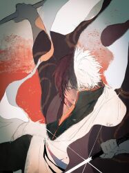  2boys black_kimono gintama glint hair_between_eyes highres holding holding_sword holding_weapon japanese_clothes katana kimono long_sleeves looking_at_viewer male_focus multicolored_hair multiple_boys popped_collar purple_hair sakata_gintoki short_hair solo split-color_hair split_theme sword takasugi_shinsuke two-tone_hair weapon white_hair wide_sleeves ykefmi 