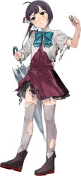  1girl aqua_bow aqua_bowtie asymmetrical_bangs black_boots black_hair boots bow bowtie breasts closed_eyes closed_umbrella cut_bangs depth_charge dress facing_viewer fujikawa fujinami_(kancolle) fujinami_kai_ni_(kancolle) full_body grey_thighhighs hair_ribbon holding kantai_collection long_sleeves looking_at_viewer medium_hair official_art ribbon school_uniform seamed_legwear shirt side-seamed_legwear side_ponytail sideways_glance small_breasts smile solo standing thigh-highs torn_clothes torpedo transparent_background umbrella white_ribbon white_shirt yellow_eyes 