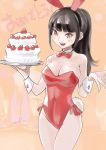  1girl absurdres animal_ears black_hair breasts brown_eyes bunny_tail bunnysuit cake cleavage detached_collar dtym food fruit highres long_hair original ponytail rabbit_ears solo strawberry tail wrist_cuffs 