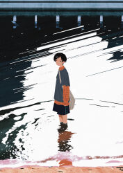  1girl absurdres bag black_hair black_shorts commentary futsuu_no_keion-bu grey_shirt hair_ornament hairpin highres kouyama_rin layered_sleeves long_sleeves looking_at_viewer no_lineart outdoors parted_bangs pixie_cut plaid_clothes plaid_shirt red_shirt reflection reflective_water ripples river sakutaro_(39ar_39ca) shirt short_hair short_over_long_sleeves short_sleeves shorts shoulder_bag solo tomboy wading water 