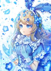  1girl absurdres alice_(alice_in_wonderland) alice_in_wonderland animal_ears artist_name blonde_hair blue_bow blue_bowtie blue_dress blue_eyes blue_flower blue_gloves blue_hairband blue_theme bow bowtie braid commentary_request corset dress fake_animal_ears flower flower-shaped_pupils frilled_gloves frilled_hairband frills gloves hair_bow hair_flower hair_ornament hairband highres kozou_kazaru long_hair looking_ahead parted_lips rabbit_ears short_sleeves sidelocks solo symbol-shaped_pupils 