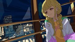  1girl :3 absurdres blonde_hair braid building city city_lights cityscape closed_mouth ferris_wheel ferris_wheel_interior fujita_kotone gakuen_idolmaster hair_ribbon highres idolmaster jacket ligne_claire long_hair long_sleeves multicolored_jacket night night_sky ninuru ribbon shirt sky skyscraper smile solo twin_braids upper_body window yellow_eyes yellow_shirt 