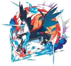  black_scales black_wings blue_fire blue_wings charizard dragon fiery_tail fire full_body highres mega_charizard_x official_art pokemon pokemon_(creature) simple_background solo tail transparent_background wings 
