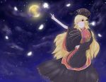  1girl biroku_rami black_dress blonde_hair clouds dark dress flower flower_in_mouth full_moon hat highres junko_(touhou) long_hair long_sleeves looking_up moon moonlight mouth_hold night night_sky obi one_eye_closed petals pointing red_eyes ribbon sash sky smile solo star_(sky) starry_sky tabard touhou very_long_hair wide_sleeves wind 