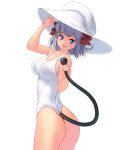  1girl ass bare_arms bare_shoulders blue_eyes bow breasts cable electric_plug hair_bow hat large_breasts lavender_hair looking_at_viewer masao open_mouth original personification plug school_swimsuit smile solo swimsuit white_school_swimsuit white_swimsuit 