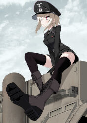  1girl absurdres belt black_gloves black_thighhighs blazer blonde_hair boots breasts clouds collared_shirt cross epaulettes full_body gloves grey_hair hat highres iron_cross jacket jiseki_rena long_hair looking_to_the_side military_uniform nazi open_mouth original peaked_cap red_eyes reichsadler shirt sidelocks sitting skindentation sky small_breasts solo thigh-highs thighs totenkopf zettai_ryouiki 