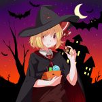  1girl bat blonde_hair blush bowl candy cloak cookie crescent_moon eating food halloween hat highres jack-o&#039;-lantern lollipop looking_at_viewer maikuro moon red_eyes rumia solo touhou witch_hat 