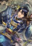  1boy artist_name black_gloves ecat fish from_above gloves highres japanese_clothes looking_at_viewer male_focus mikazuki_munechika partially_submerged sayagata solo touken_ranbu water 