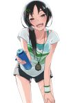  1girl black_hair bottle breath brown_eyes collarbone hair_ornament hair_over_shoulder hairclip hot idolmaster idolmaster_cinderella_girls kawaty leaning_forward long_hair open_mouth rookie_trainer shorts smile solo stopwatch sweat sweating trainer_(idolmaster) watch water_bottle wet wet_clothes wristband 