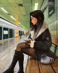  1girl animal bench bird black_boots black_coat black_hair black_shoes blush boots brown_pantyhose ceiling_light cellphone coat commentary crossed_legs english_commentary escalator from_side full_body fur-trimmed_coat fur_trim gradient_hair green_eyes hair_over_shoulder highres holding holding_phone indoors knee_boots lipstick long_sleeves looking_ahead makeup multicolored_hair on_bench original pantyhose parted_bangs parted_lips people phone pigeon profile puffy_long_sleeves puffy_sleeves reflective_floor sam_yang shoes sidelocks sign sitting sleeves_past_wrists solo_focus subway tile_wall tiles two-tone_hair vanishing_point vent_(object) white_hair window wooden_bench 
